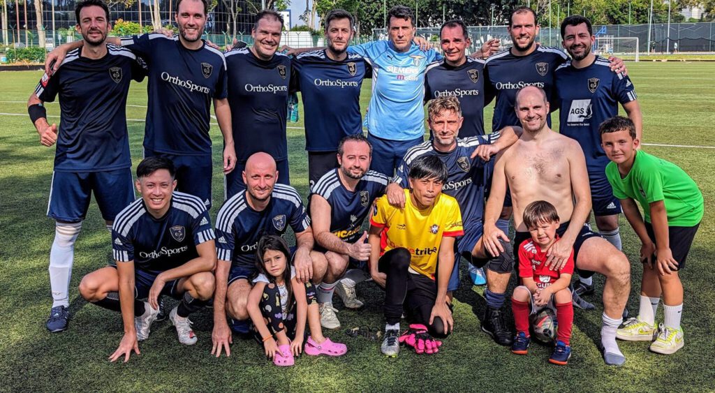 Gaulois Sports Club veterans team playing football in the Cosmo Vets League in Singapore